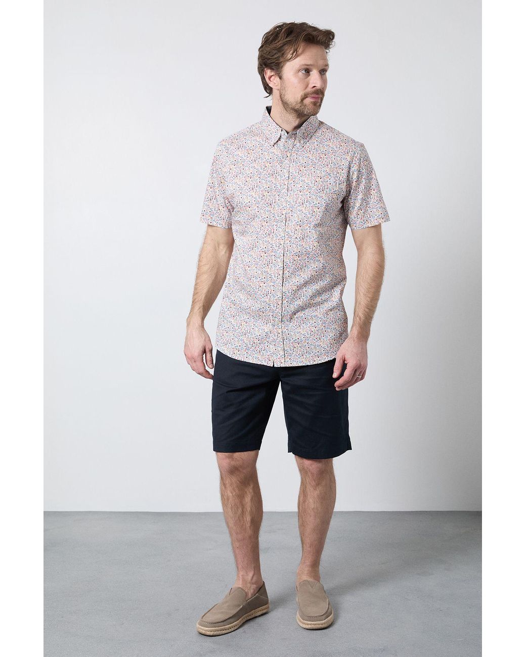 MAINE White Floral Print Short Sleeve Shirt Cotton for men