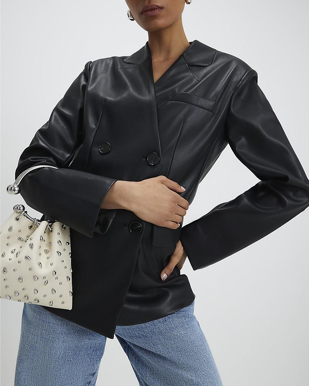 River Island Black Blazer Faux Leather Collarless