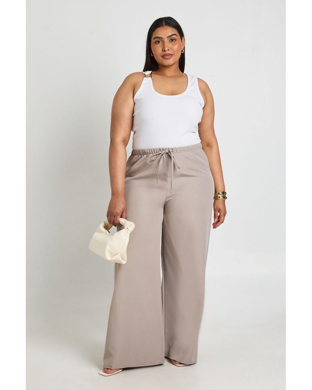 Boohoo Natural Plus Woven Elasticated Waist Drawstring Wide Leg Trouser