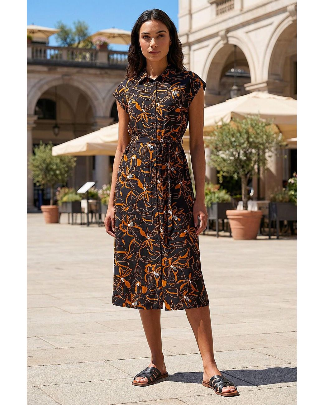 Roman Brown Floral Belted Midi Shirt Dress