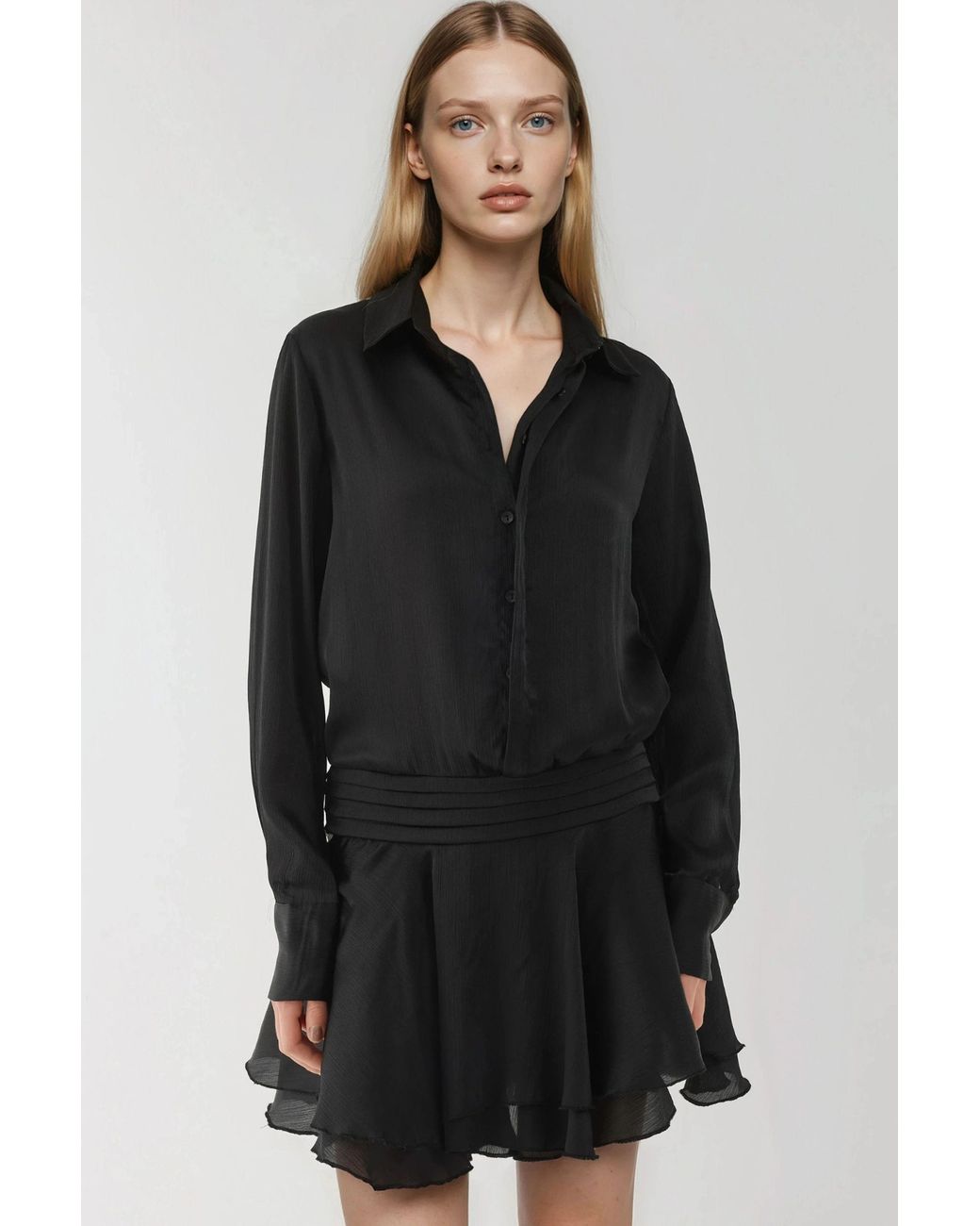 Hiccup Black Ruffle Drape Long Sleeve Mini Dress With Shirt Collar