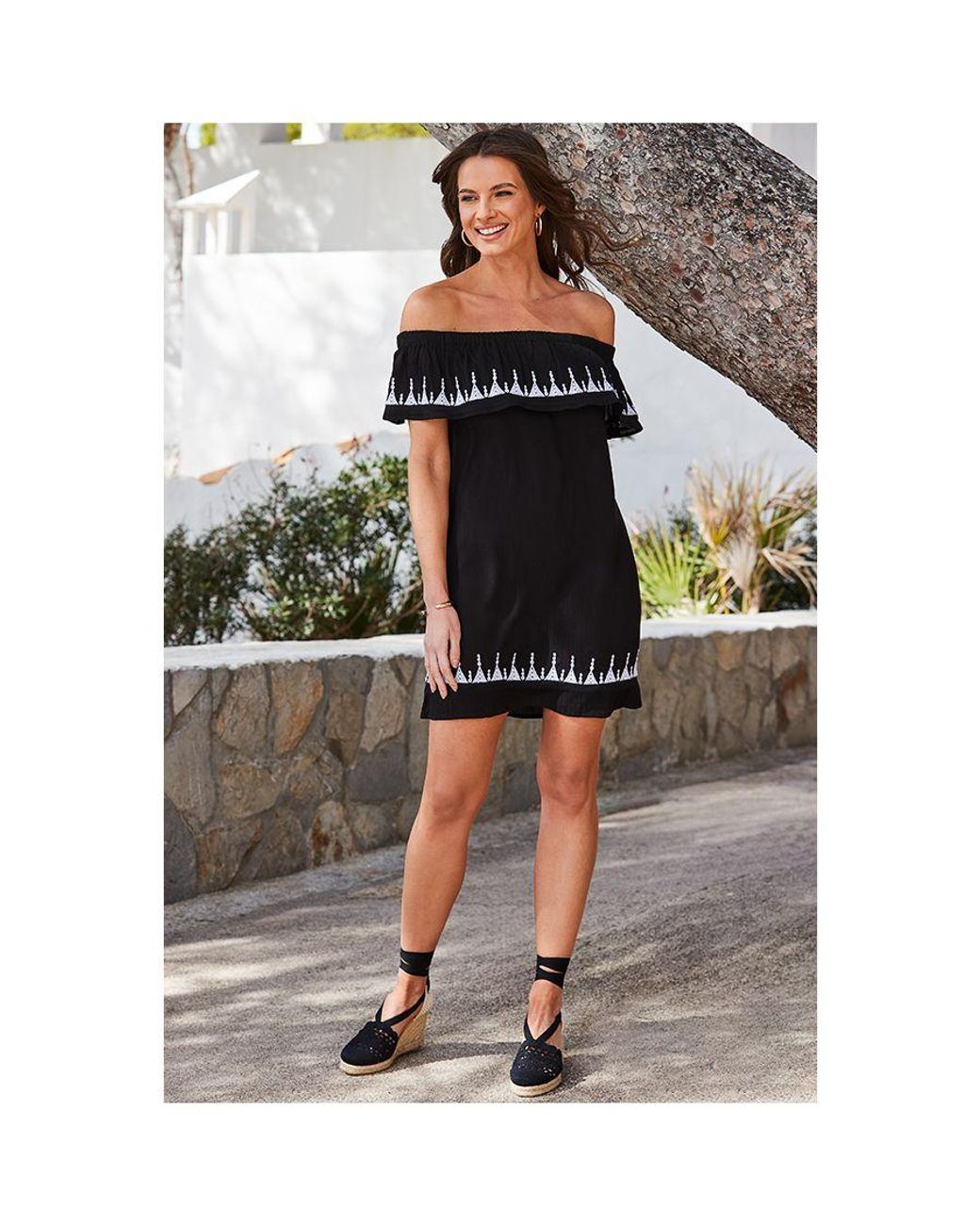 Sosandar Black Embroidered Detail Bardot Shift Dress