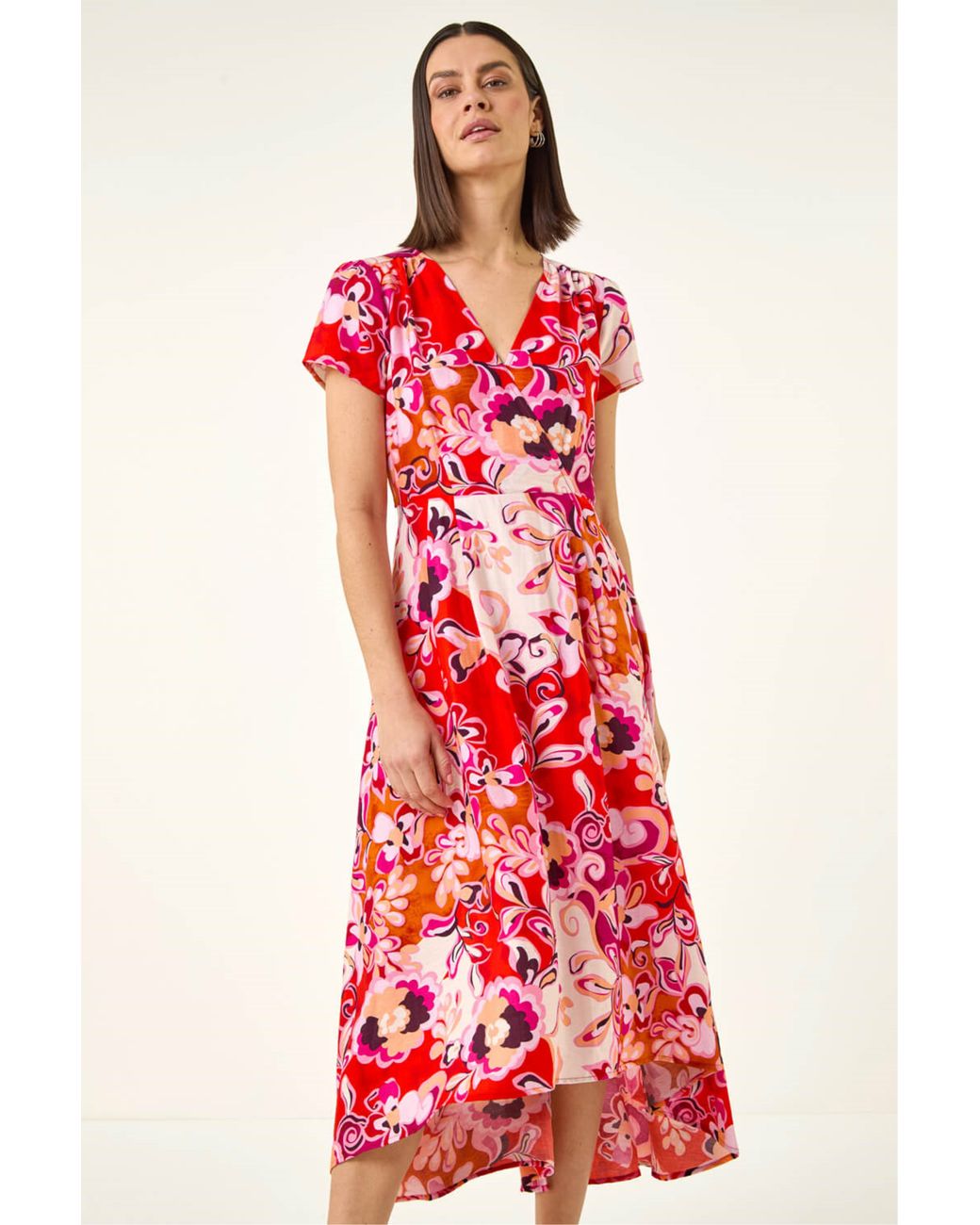 Roman Red Abstract Print Belted Midi Dress