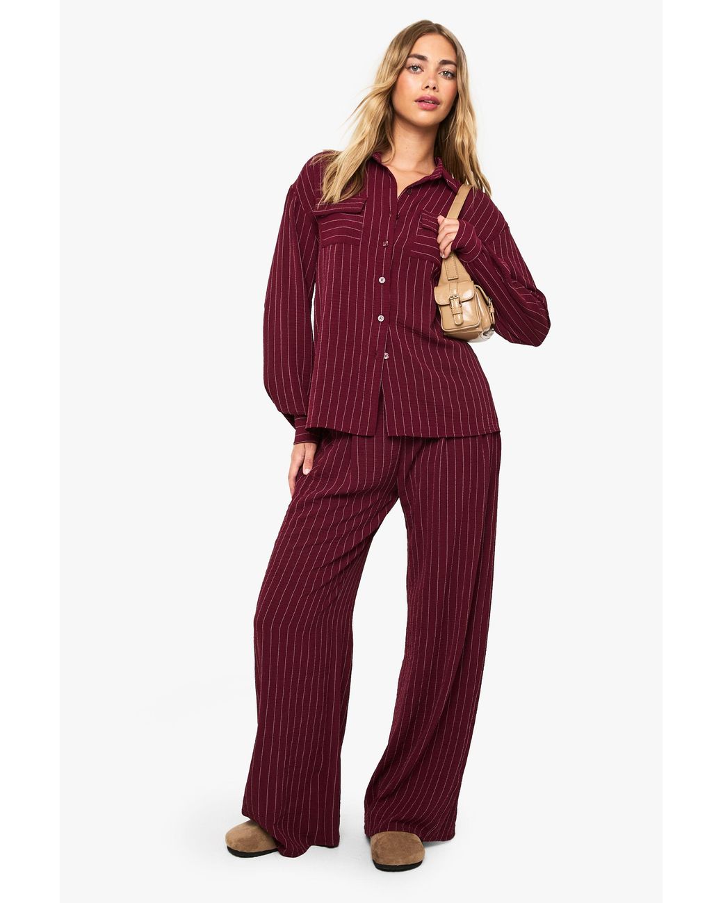 Boohoo Red Woven Striped Pleated Wide Leg Trousers