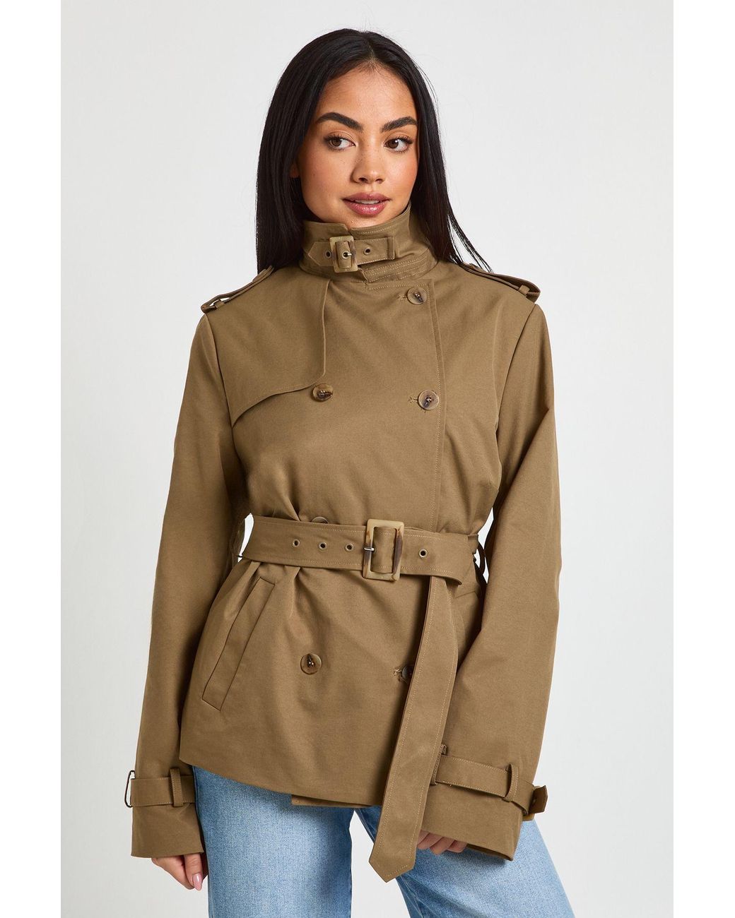 Boohoo Brown Short Belted Utility Trench Coat