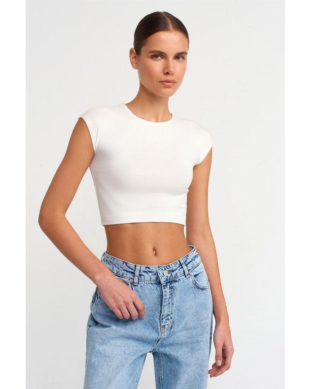 Dilvin White Slim Fit Crop Jersey Blouse