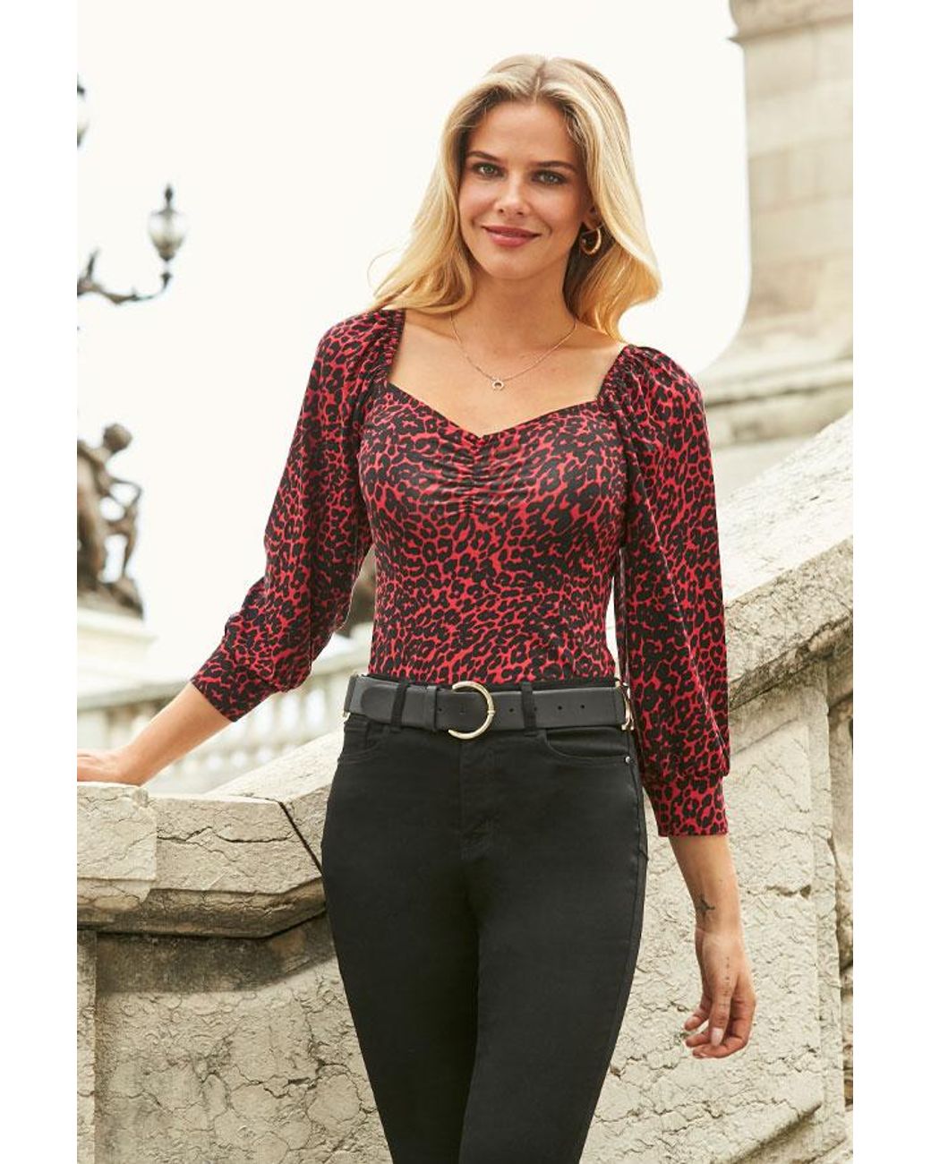 Sosandar Brown Leopard Print Sweetheart Neckline Jersey Top