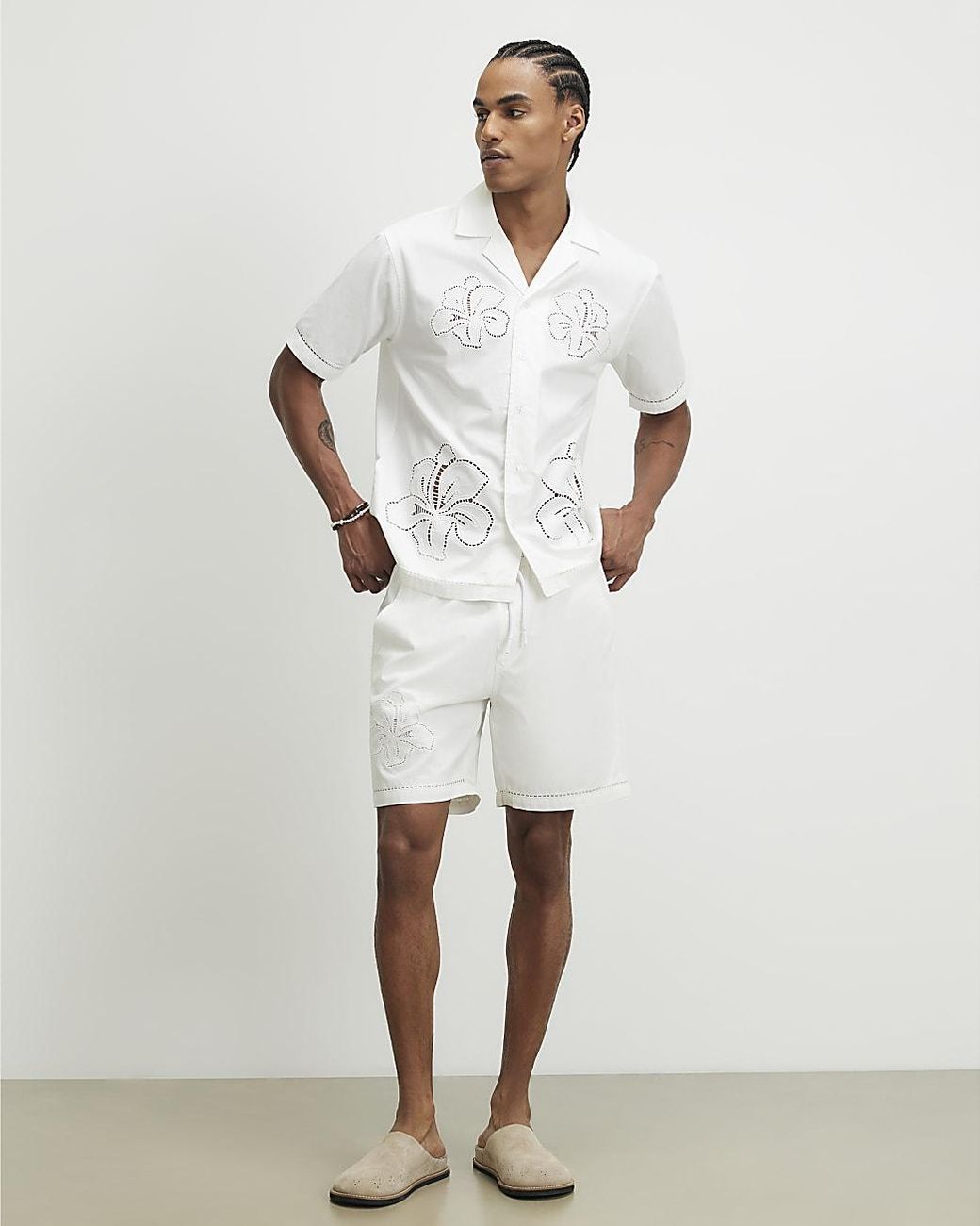 River Island Gray Shorts Embroidered Elasticated Cotton for men