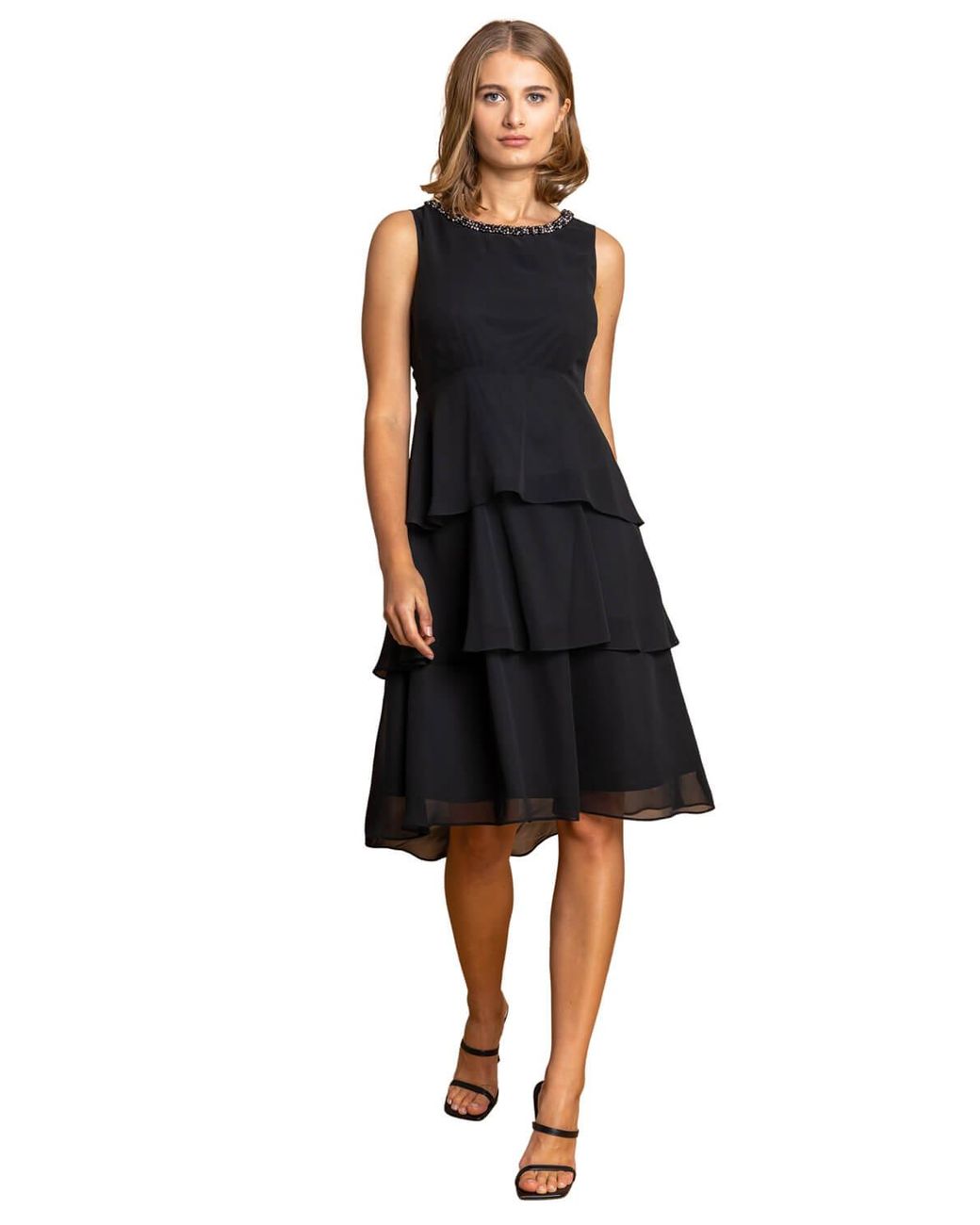 Roman Black Tiered Embellished Neck Chiffon Dress