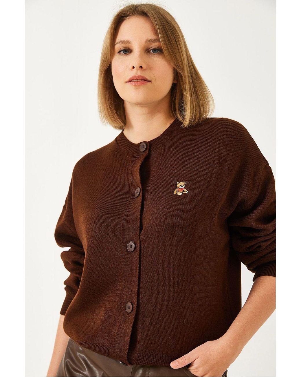 Bianco Lucci Brown Embroidered Button-Up Ribbed Cardigan