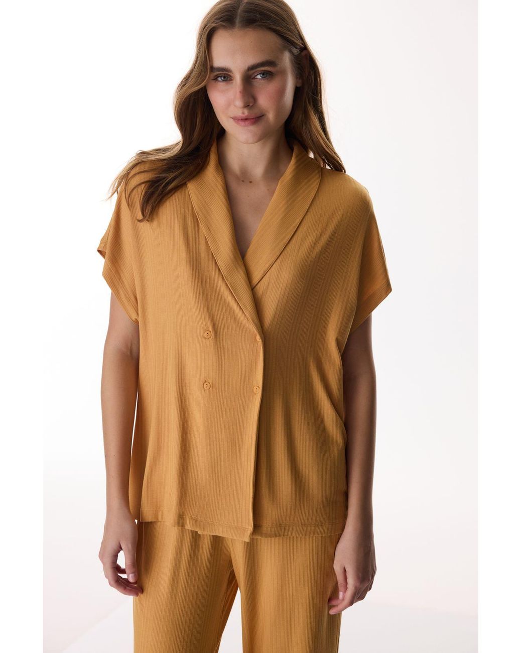 Penti Yellow Cinnamon Margot Ribbed Short-Sleeve Trousers Pyjama Set