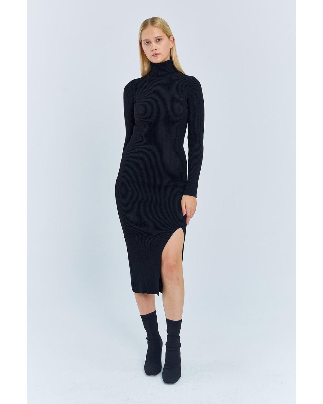 MixRay Blue Turtleneck Midi Knit Dress With Slit