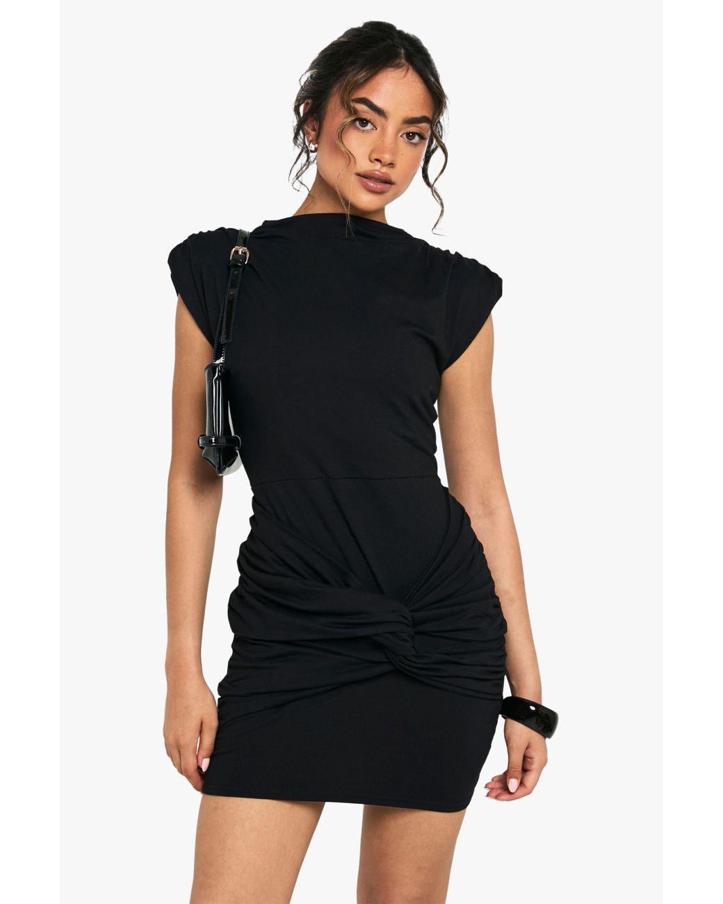 Boohoo Cotton Shoulder Pad Ruched T-Shirt Mini Dress in Black