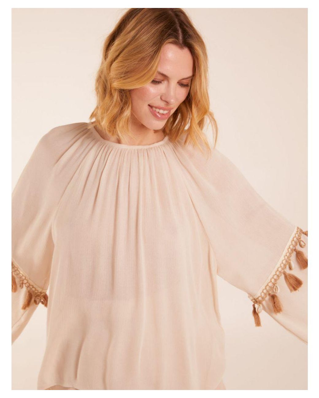 Blue Vanilla Natural Tassel Wide Sleeve Blouse