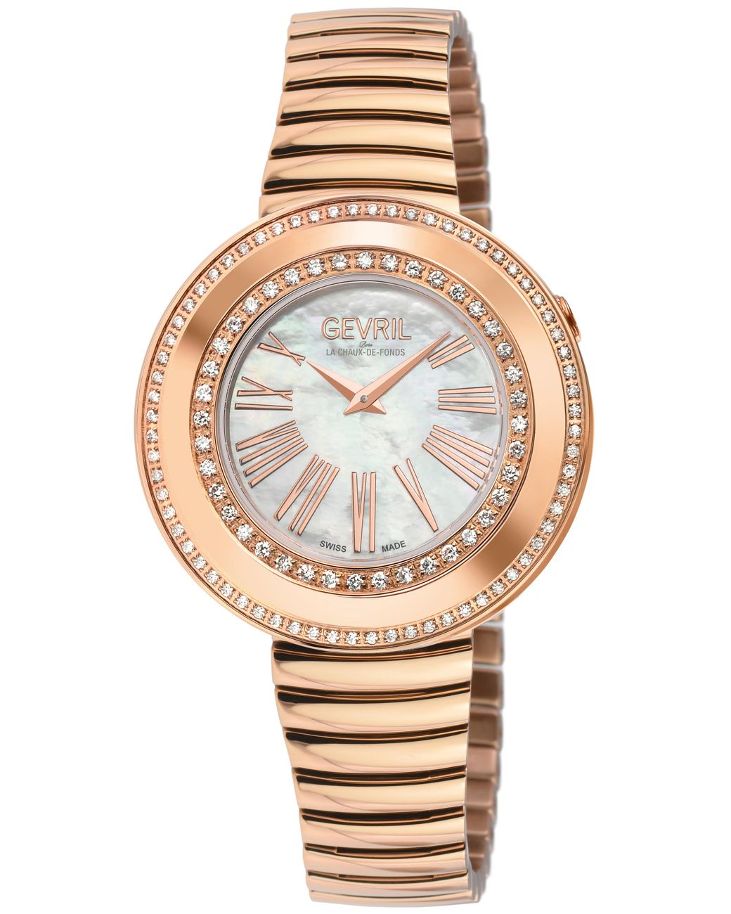 Gevril Metallic Gandria Swiss Diamond Watch, 316L Ss/Iprg Case, Mop Dial, Rg Bracelet