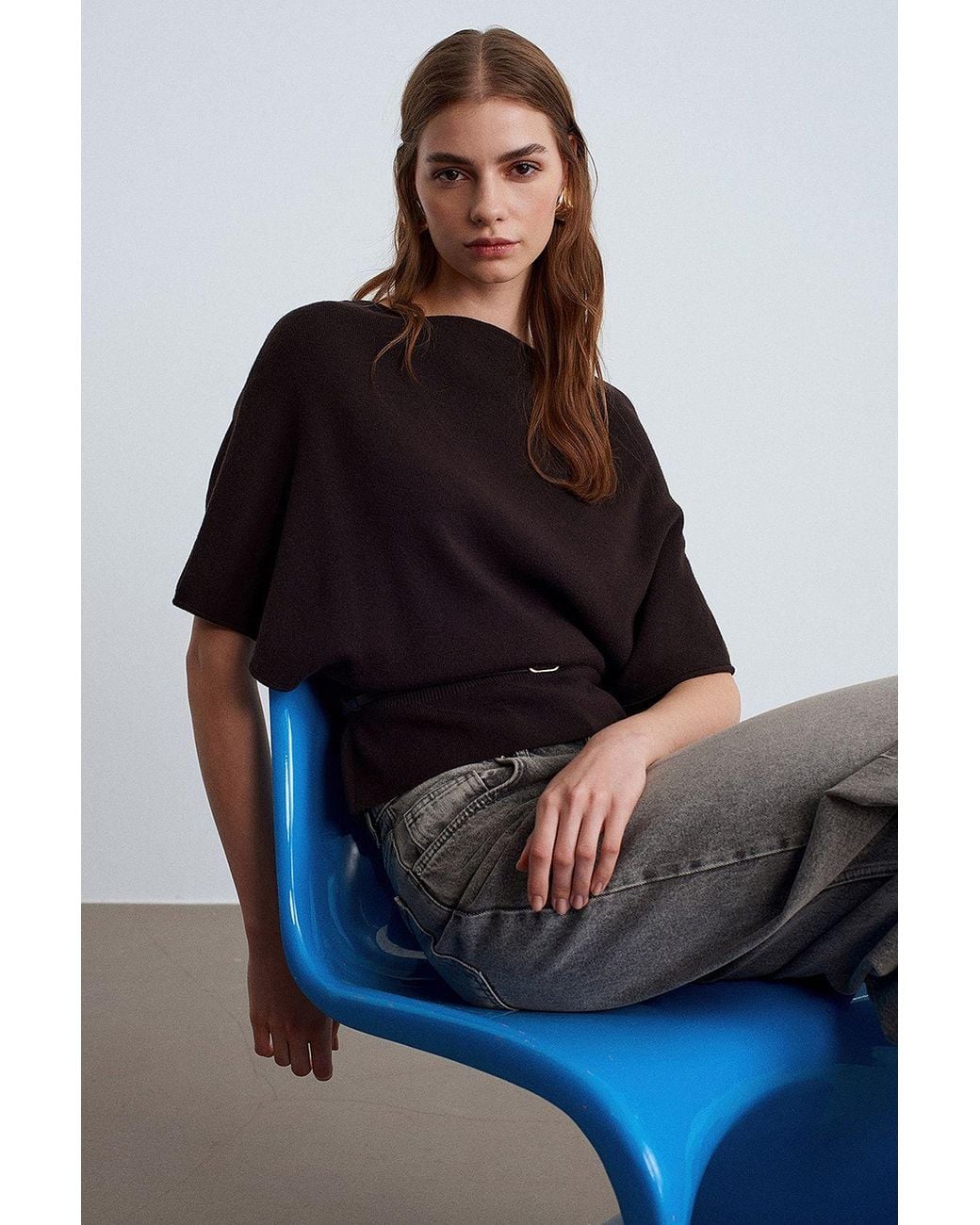 Dilvin Blue Belted Boat Neck Knit Sweater
