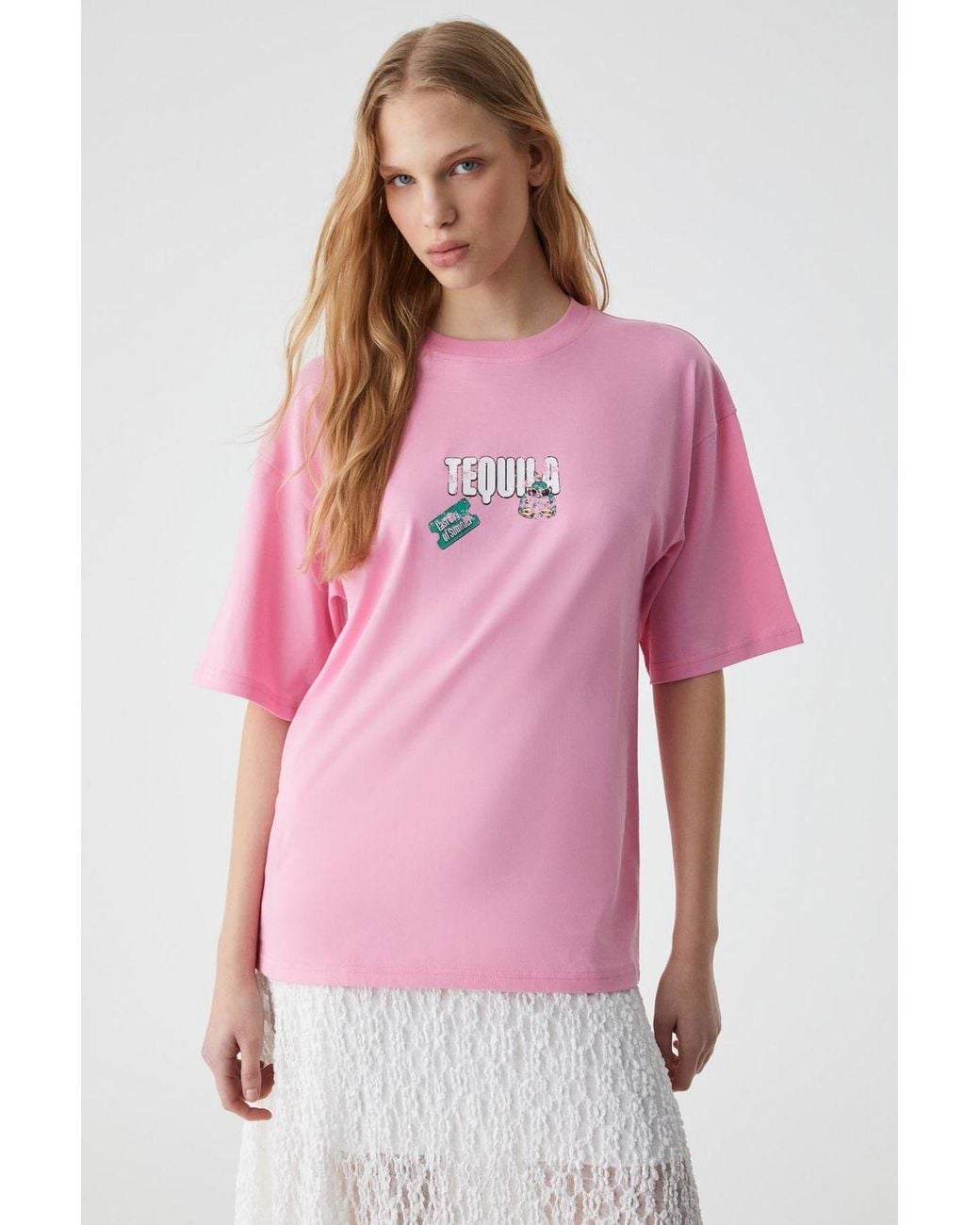 Grimelange Pink Oversized Crew Neck Printed T-Shirt