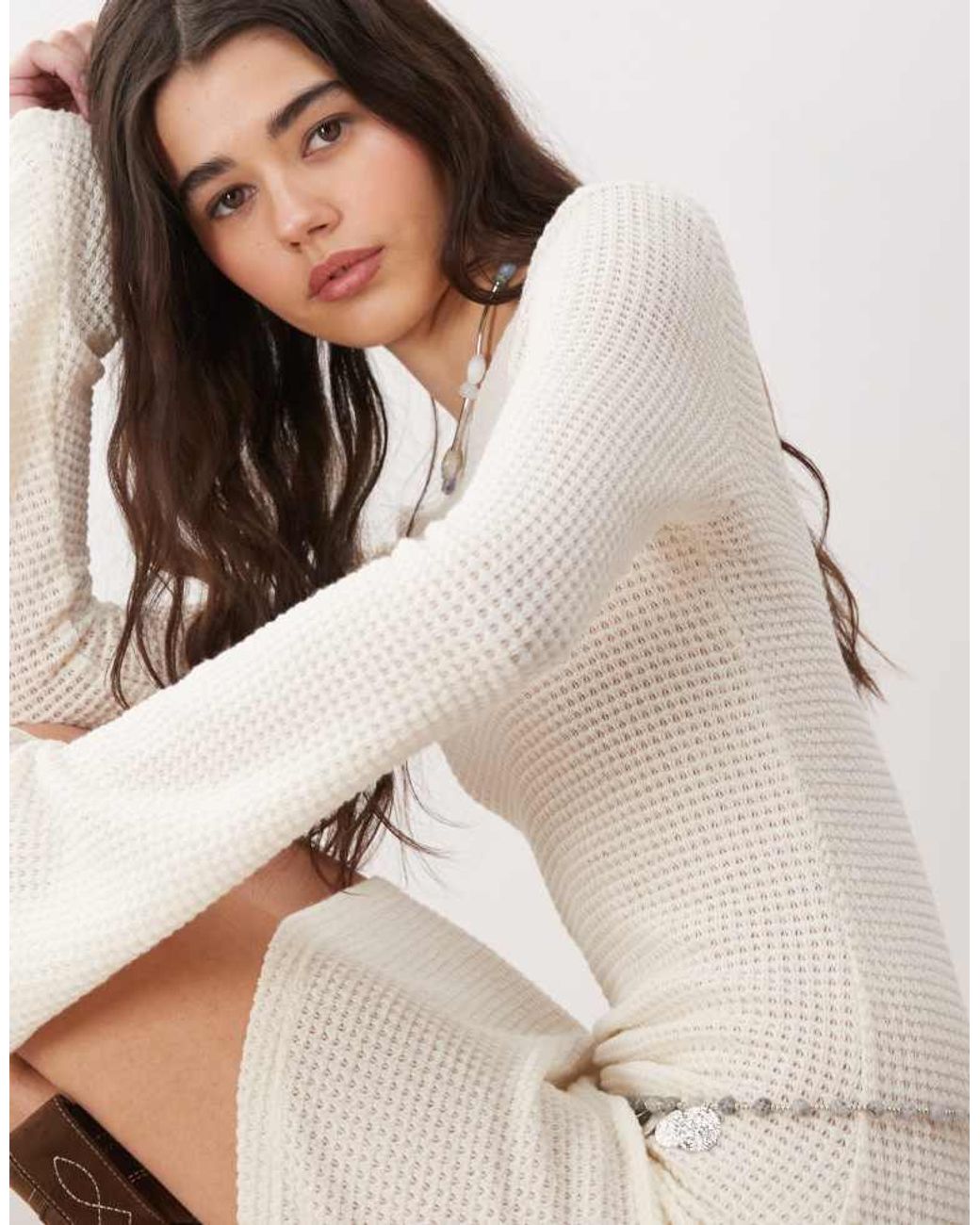 Reclaimed Vintage Natural Flared Sleeve Crochet Beach Mini Dress