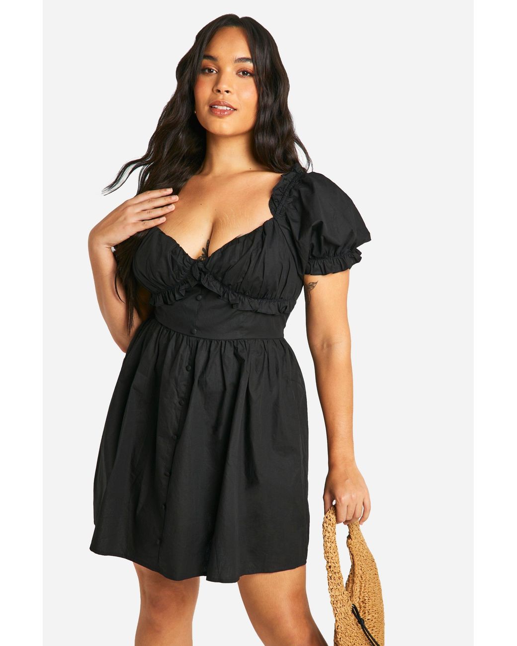 Boohoo Black Plus Woven Milkmaid Button Down Skater Dress