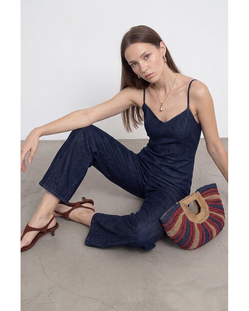 Dilvin Blue Cotton Straight-Leg Jumpsuit