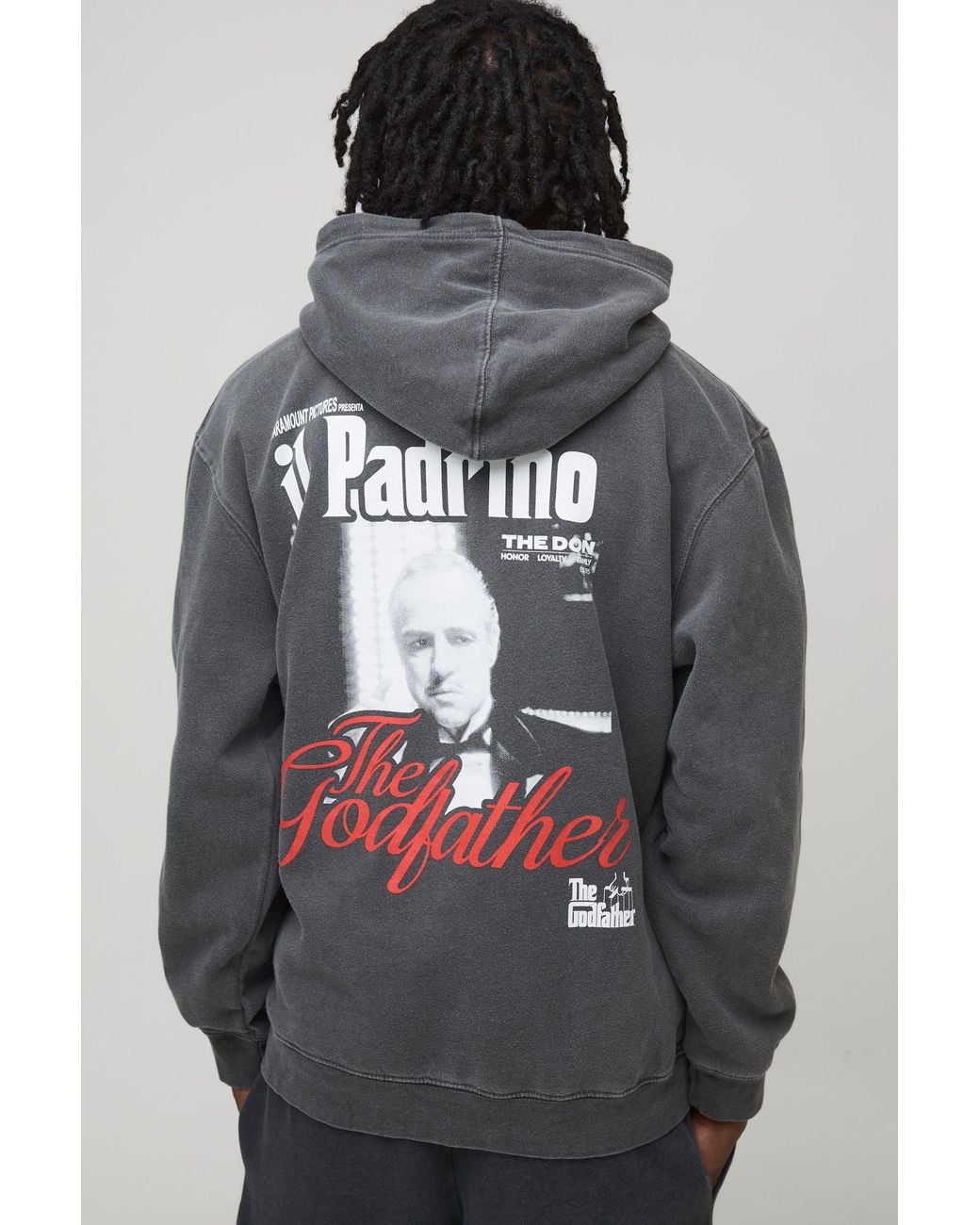 BoohooMAN Gray Oversized The Godfather Washed License Printed Hoodie Cotton for men
