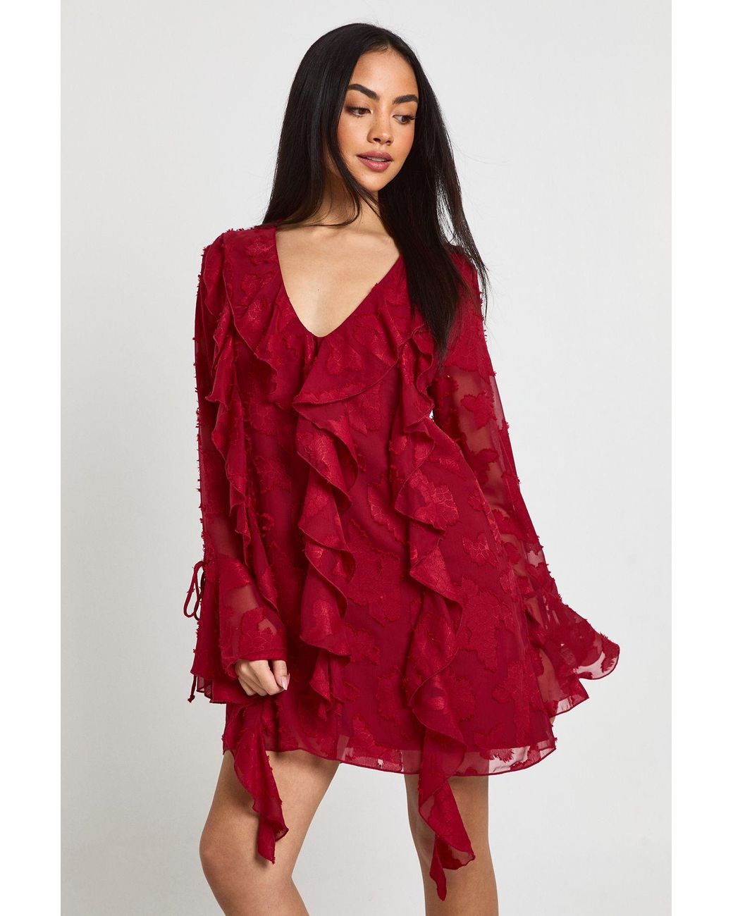 Boohoo Red Burnout Floral Ruffle Shift Dress