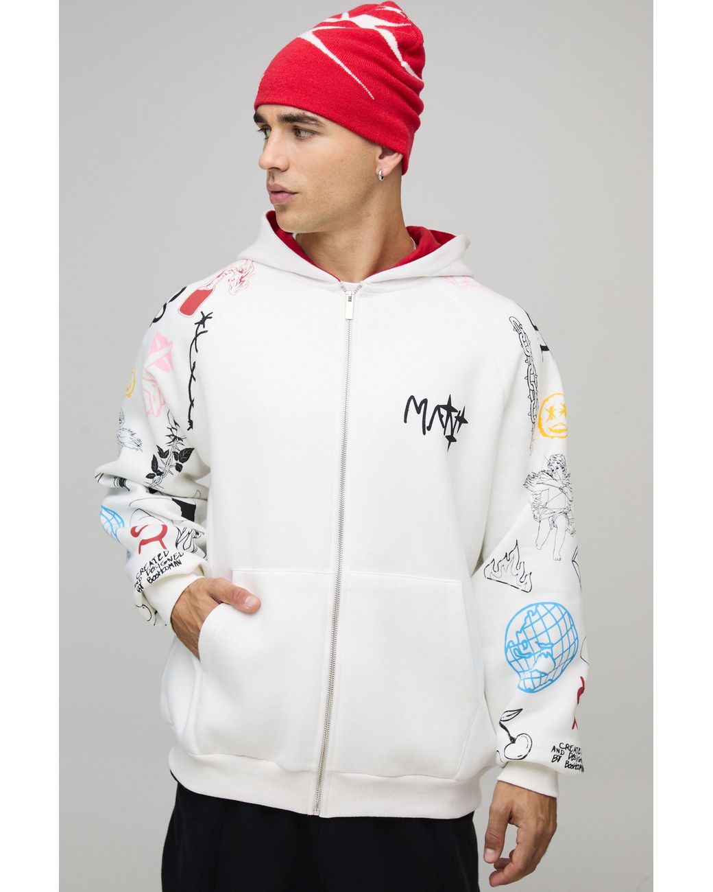 BoohooMAN White Oversized Zip Through Doodle Sleeve Printed Hoodie for men