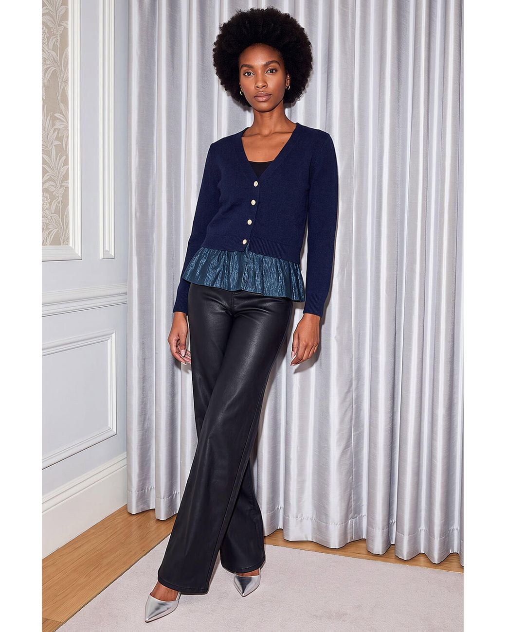 Roman Blue V-Neck Frill Trim Knit Cardigan