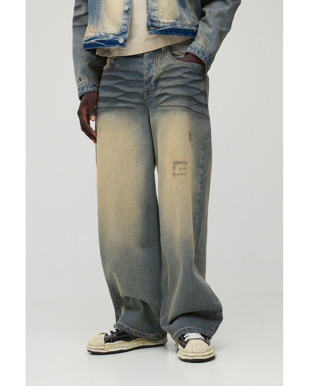 BoohooMAN Gray Baggy Extreme Washed Bleached Jeans for men