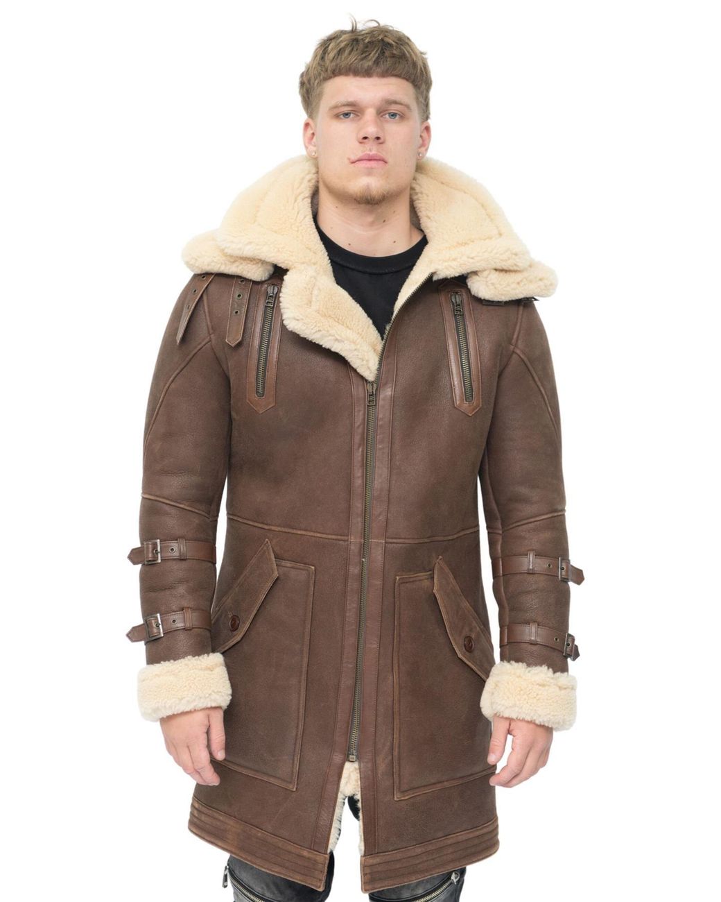 Infinity Leather Brown 3/4 Warm Sheepskin Trench Coat-Medina for men