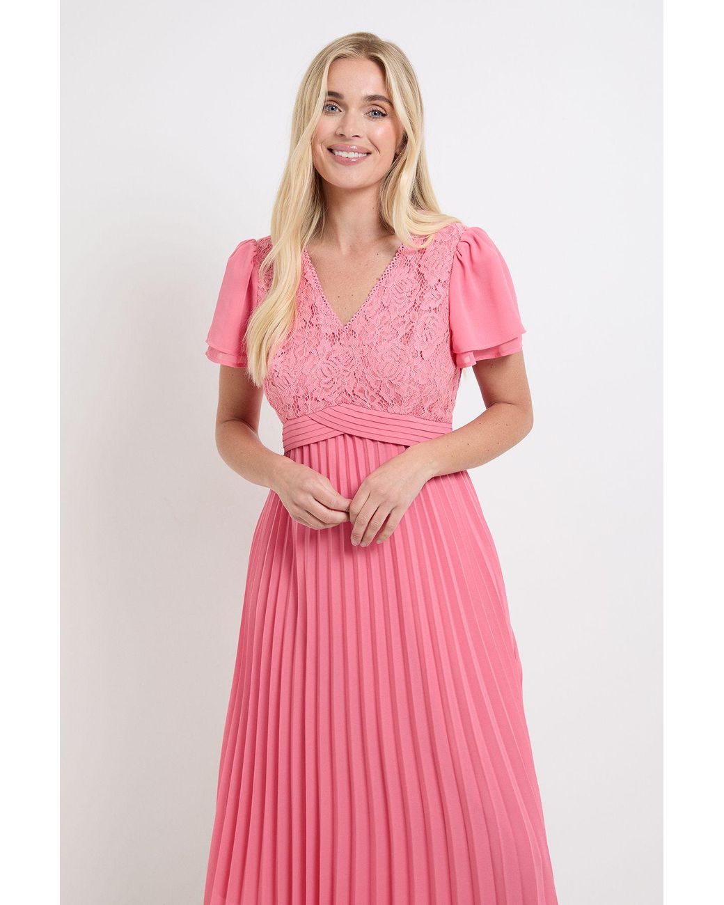 Wallis Pink Petite Lace Pleat Detail Midi Dress