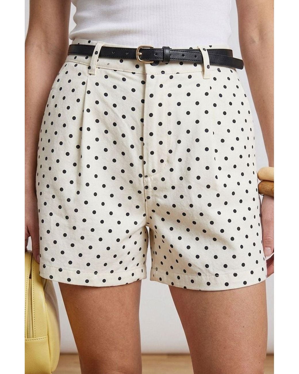 Bigdart White High-Waist Polka Dot Denim Shorts With Belt