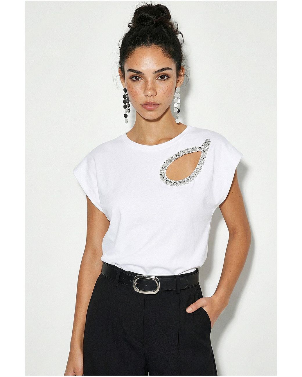 Bianco Lucci White Cut Out Crew Neck T-Shirt