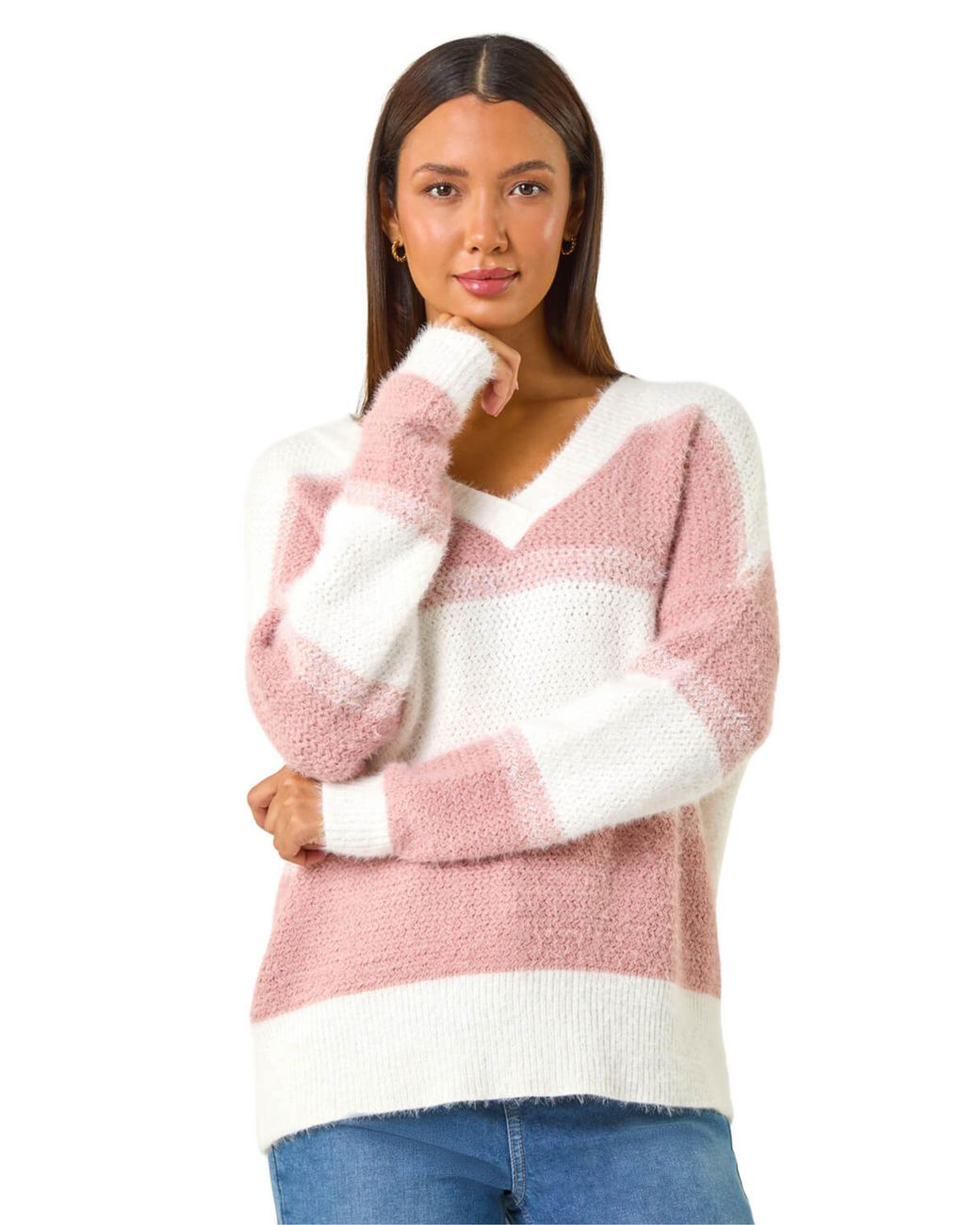 Roman Pink V-Neck Stripe Knit Jumper