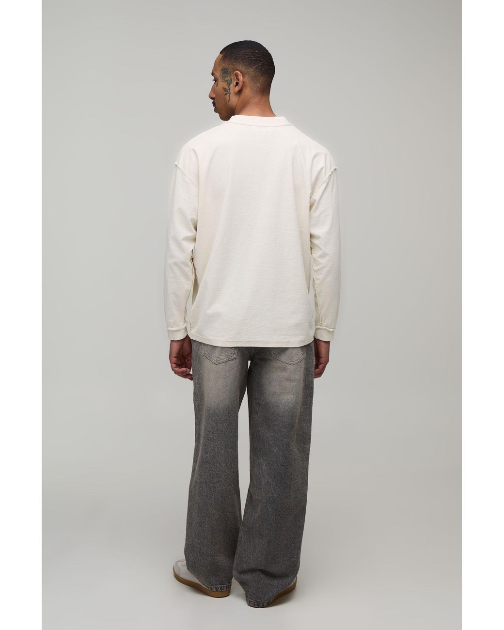 BoohooMAN Natural Oversized Graphic Exposed Seams Washed Printed Long Sleeve T-Shirt for men