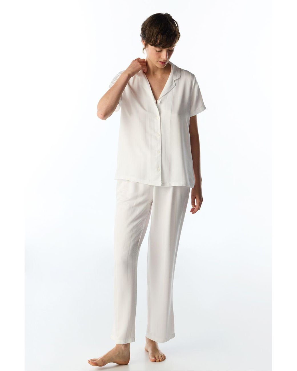 Penti White Broken Sophia Satin Striped Short Sleeve Shirt Trousers Pajama Set