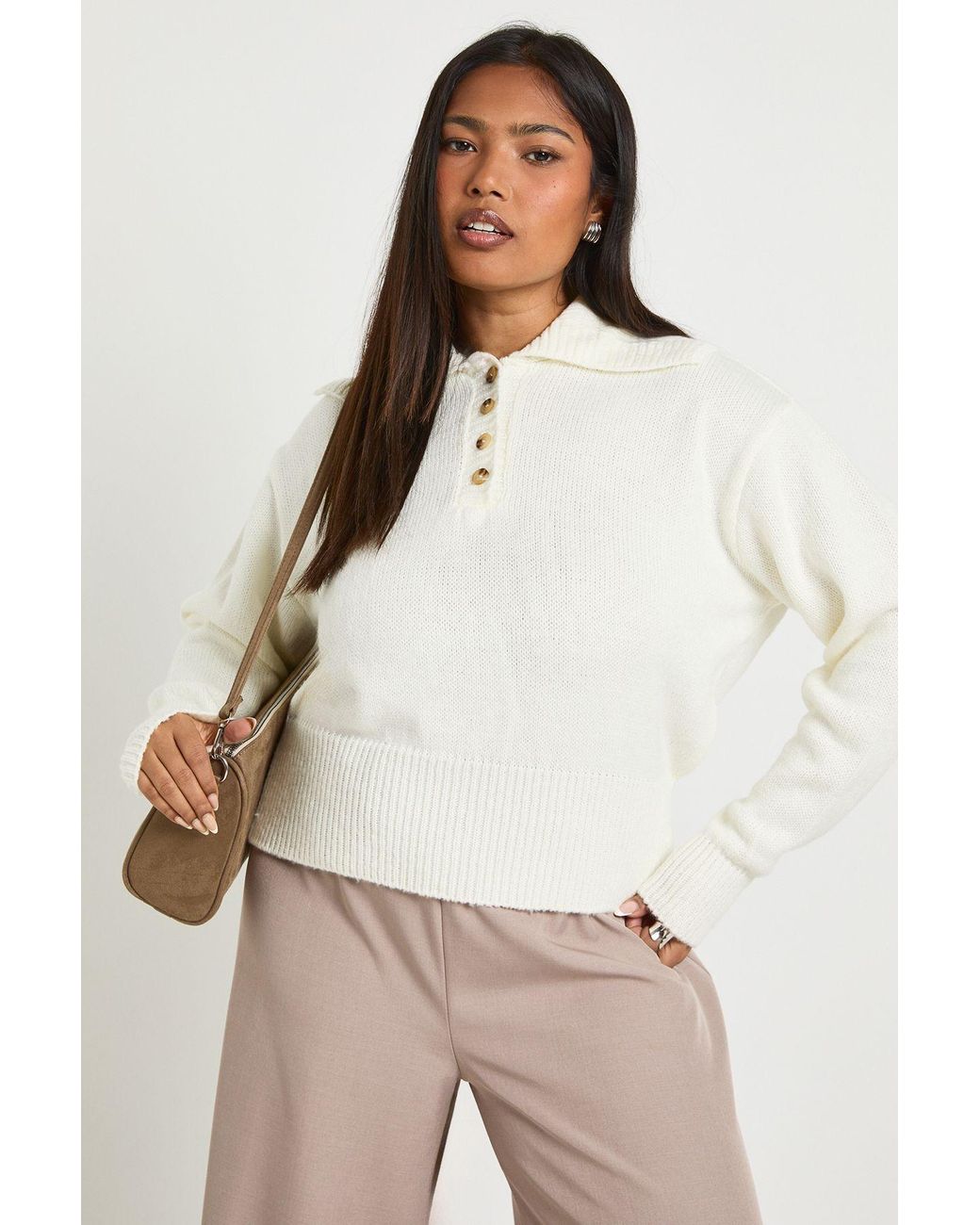 Boohoo Natural Plus Knitted Henley Collared Jumper