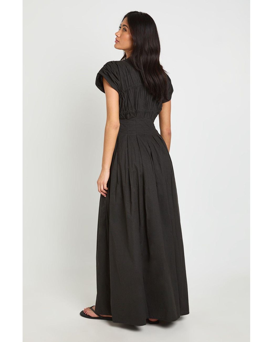 Boohoo Black Cotton Poplin Ruched Tie Waist Detail Maxi Dress