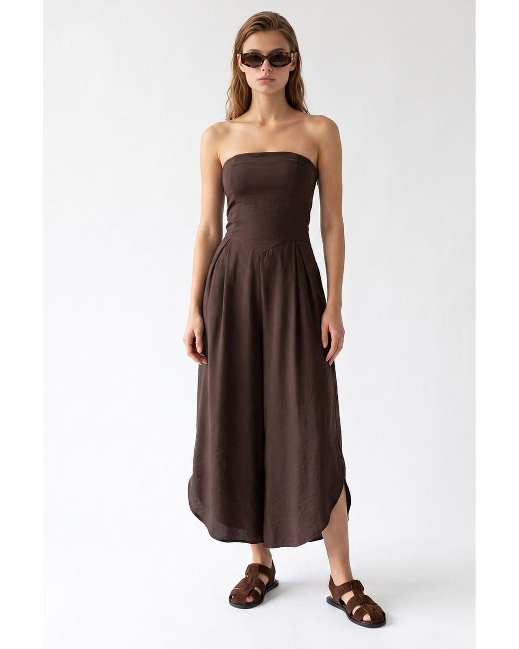 MixRay Brown Strapless Wide-Leg Jumpsuit With Slit