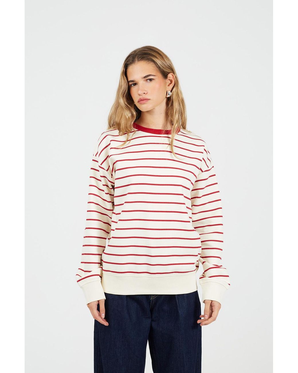 Brave Soul White Classic Stripe Crew Neck Sweatshirt Cotton
