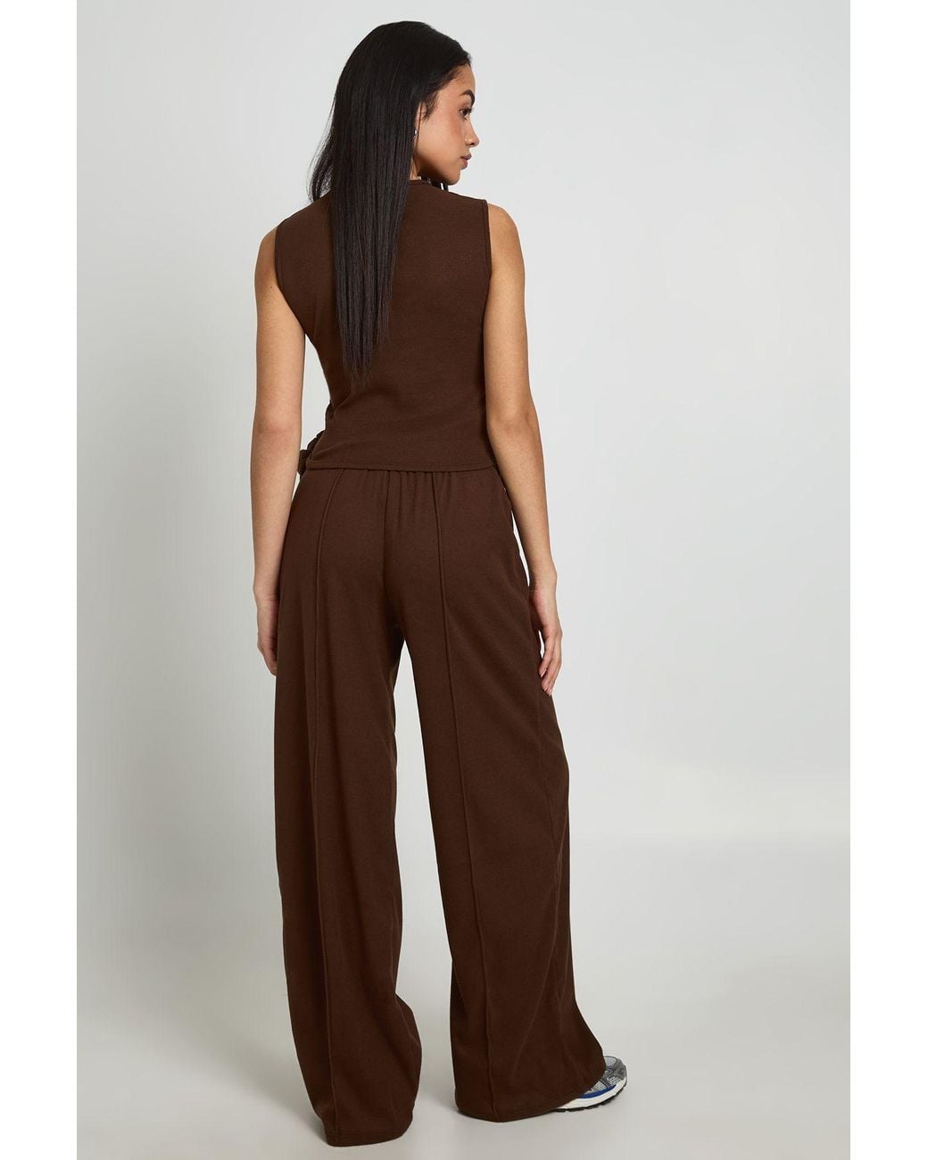 Boohoo Brown Rib Wrap Waist Wide Leg Co Ord