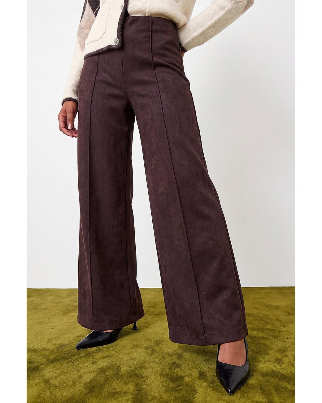 Roman White Petite Faux Suede Pintuck Trouser