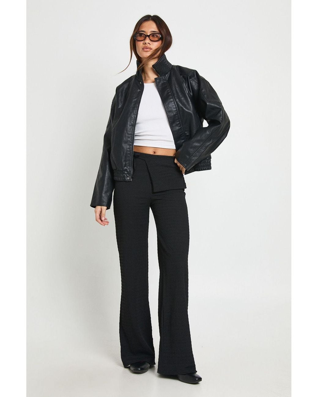 Boohoo Blue Textured Tie Wrap Waist Straight Leg Trouser