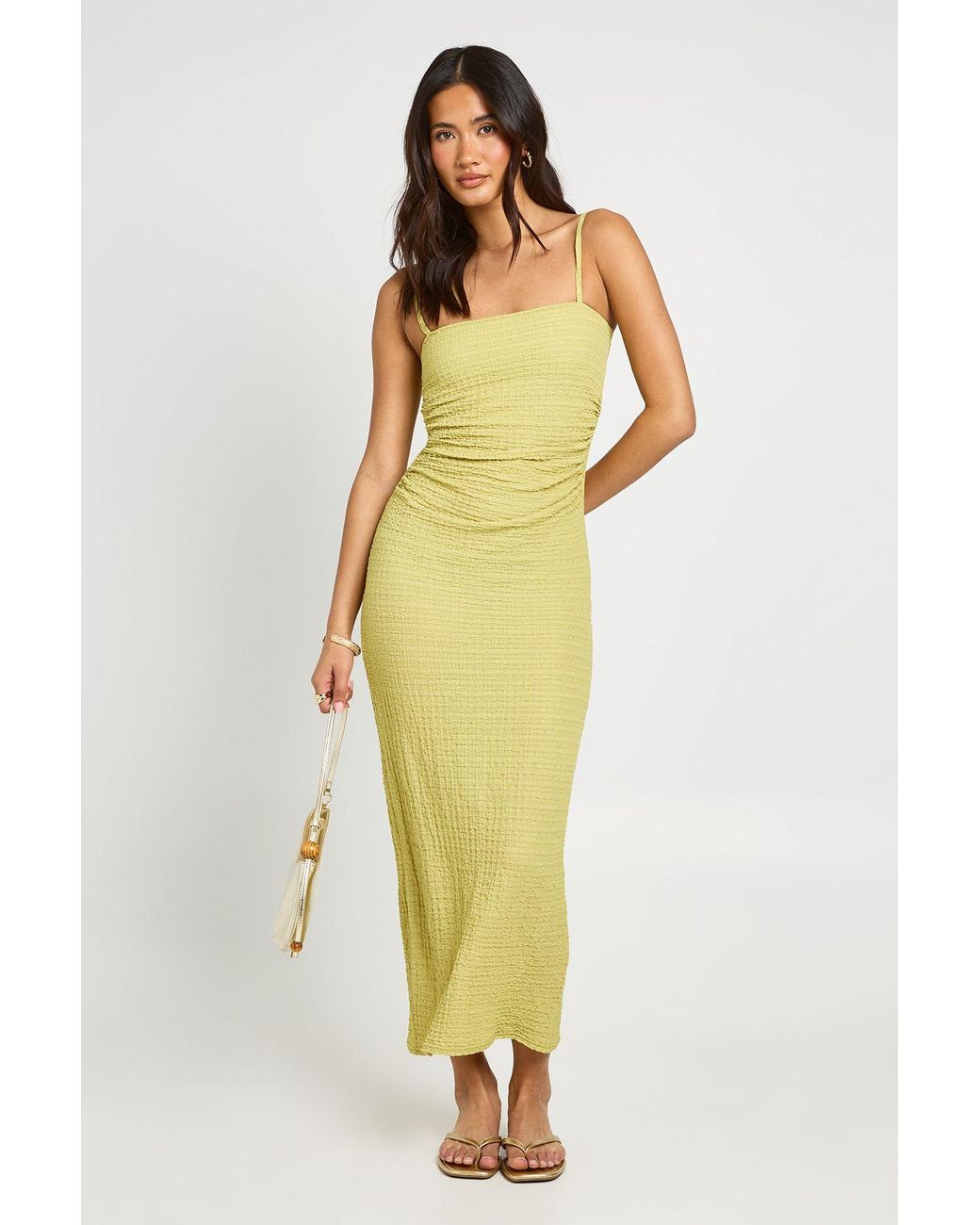 Boohoo Yellow Textured Ruched Waist Midaxi Dress