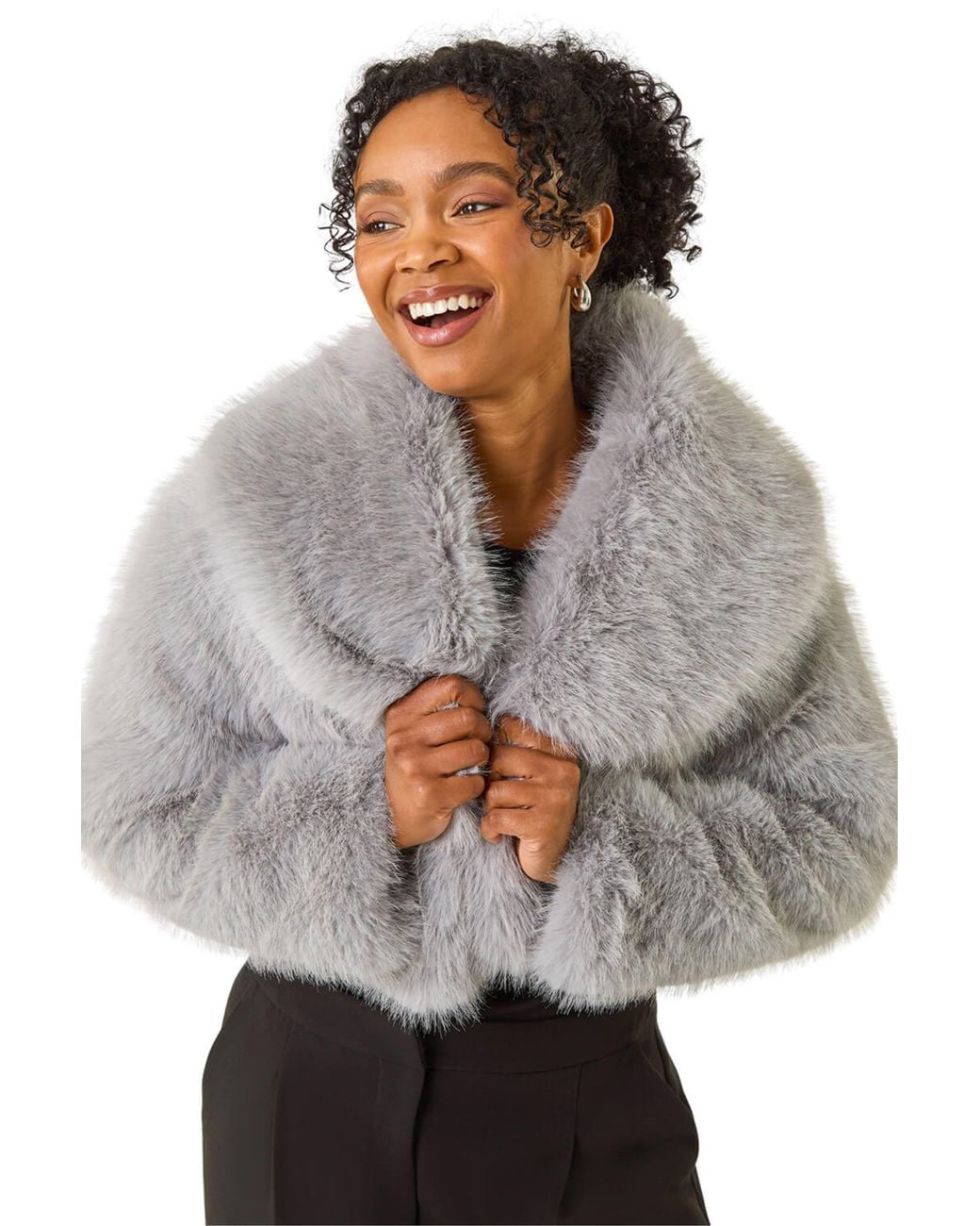 Roman Gray Petite Cropped Fur Coat