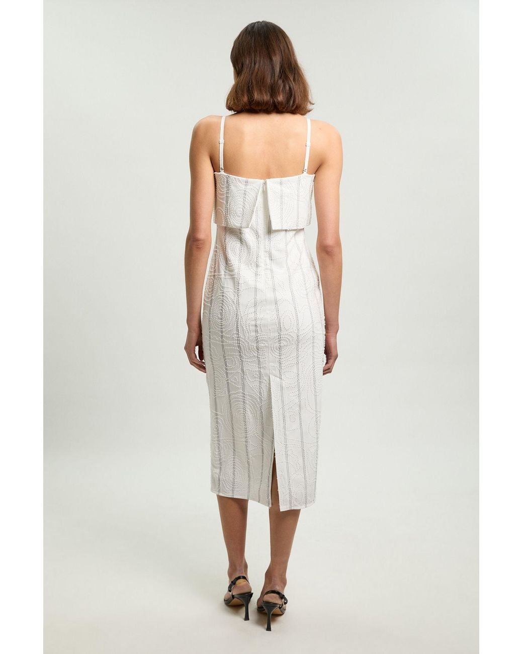 Karen Millen White Textured Pinstripe Bandeau Tailored Midi Dress