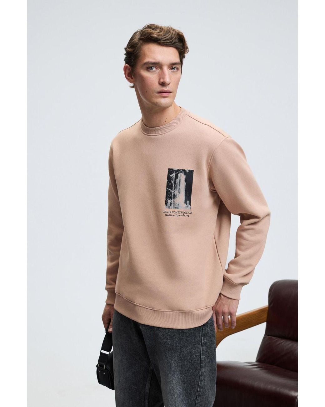 Grimelange Brown Printed Crew Neck Sweatshirt for men