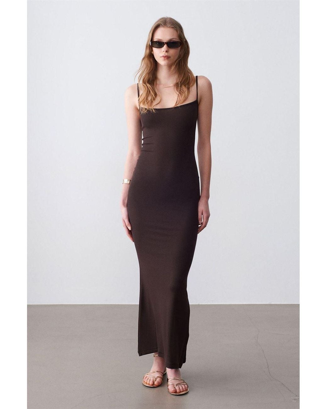 Dilvin Brown Ribbed Bodycon Maxi Dress