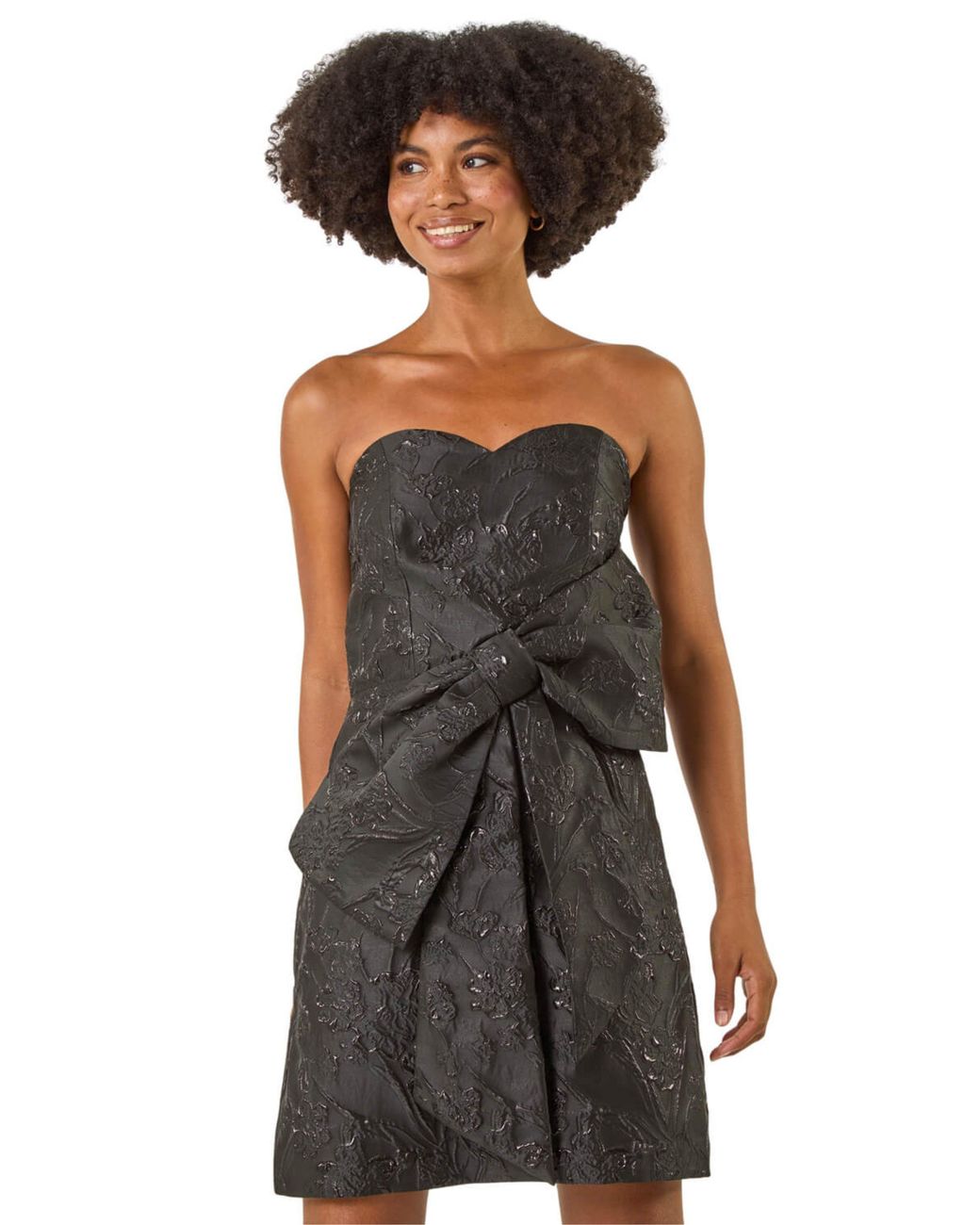 Roman Black Strapless Brocade Bow Dress