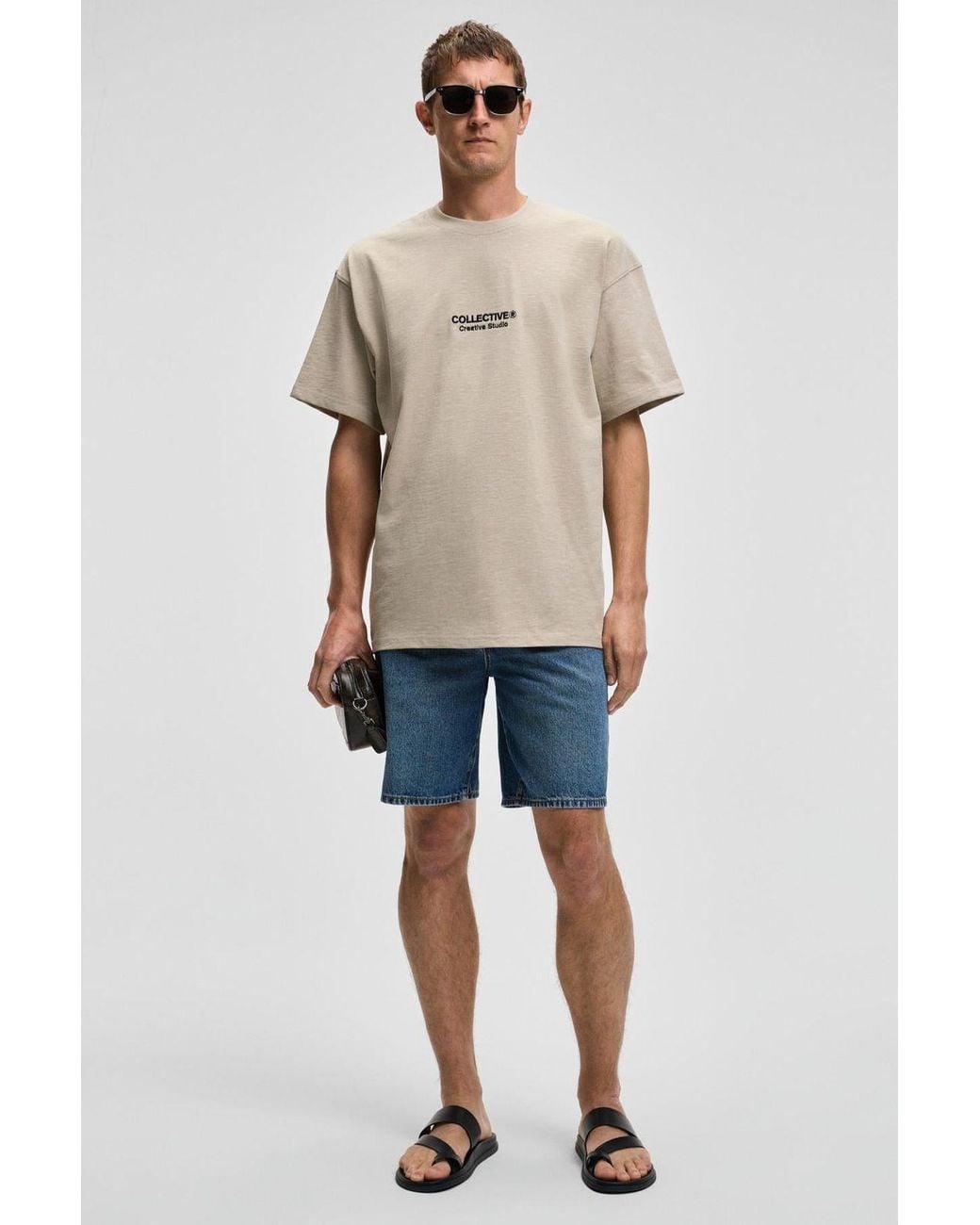 Grimelange Natural Oversized Logo Embroidered T-Shirt for men